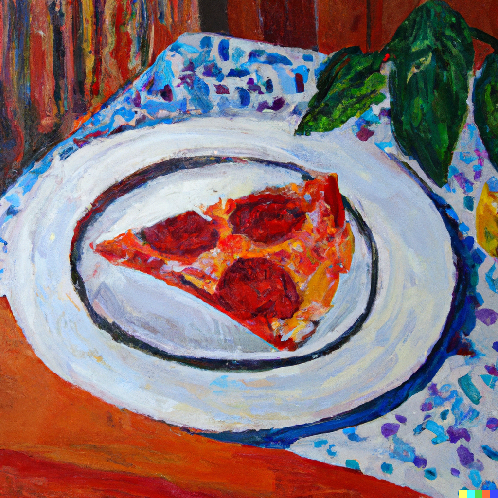 oil life painting of a pepperoni pizza on a white plate in an old house